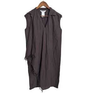 Max Mara 100% Linen Brown Assymetrical Fringe Panel Midi Dress size 6 Vintage